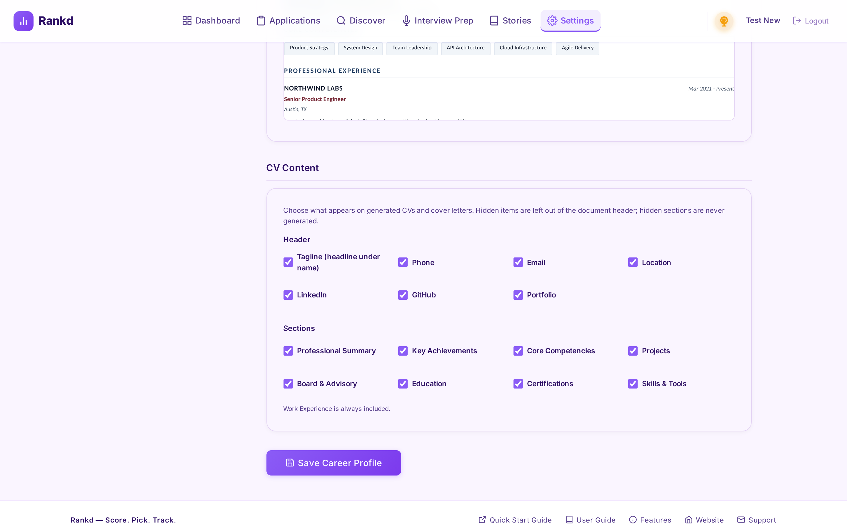 CV Content settings - header and section visibility checkboxes